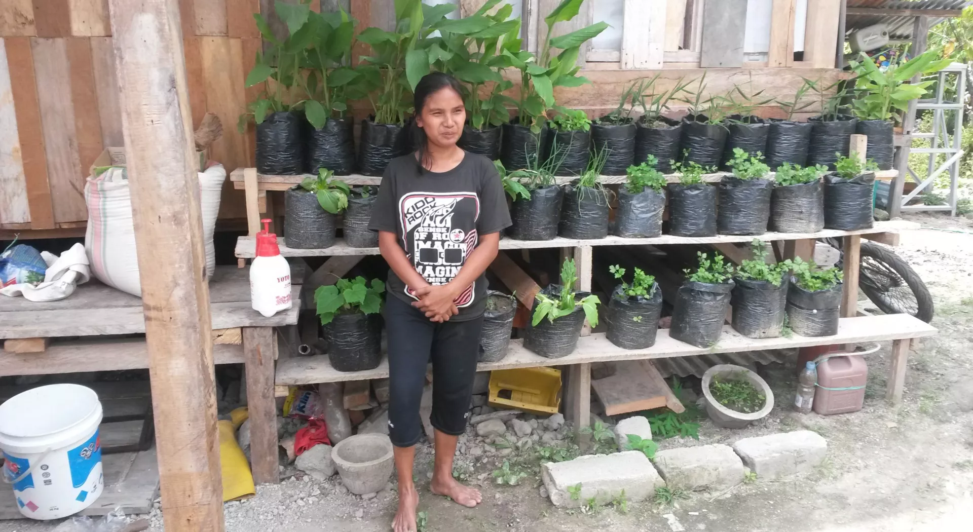 Een vrouw verbouwt met hulp van ZOA groenten in potten in Indonesië