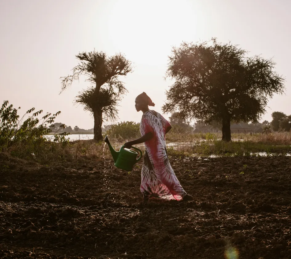 Een vrouw in Zuid-Sudan bewatert haar akker
