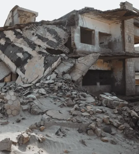 Kapotte huizen in Jemen door conflict